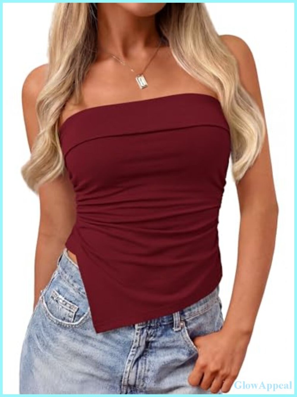 Stretchy Knit Strapless Tube Top Asymmetrical Hem Ruched Summer